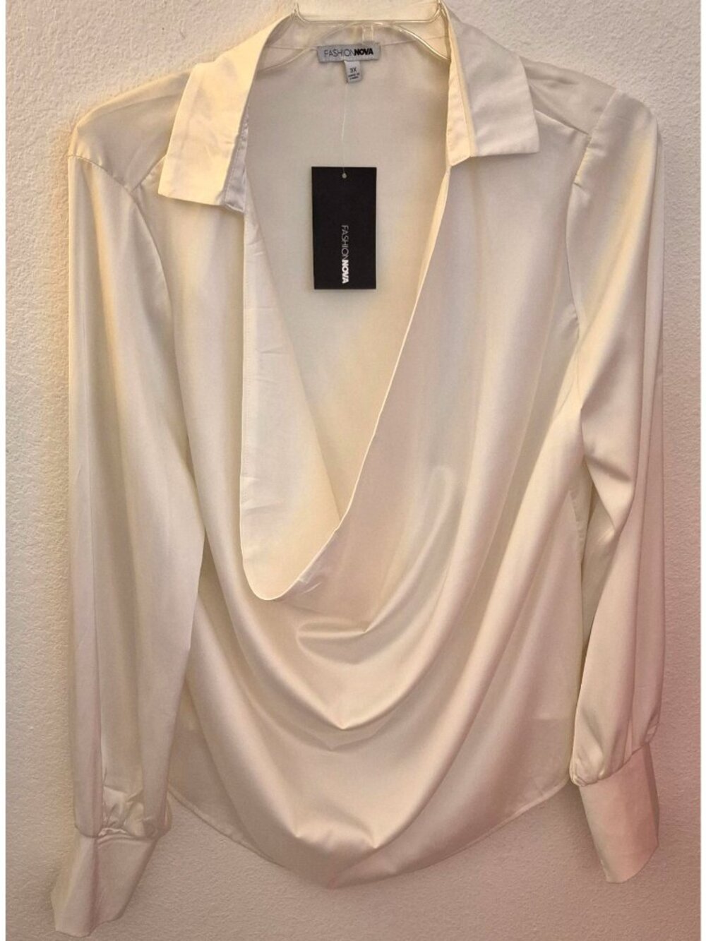 Fashion Nova Cream Satin Low Drape Front Long Sleeve Blouse 3X NWT
